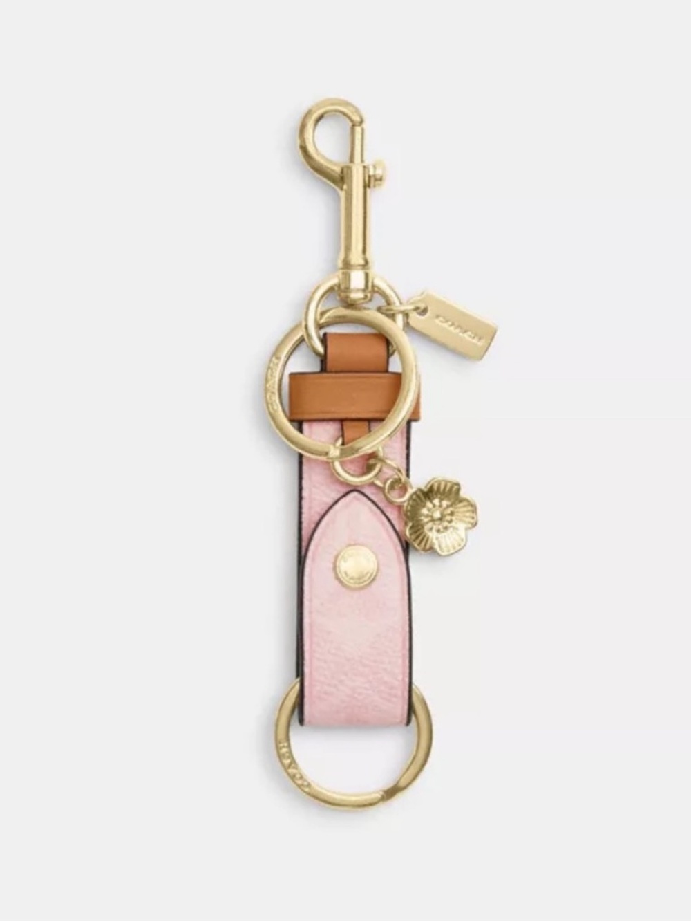 Coach powder Pink and Tan Leather Key Fob with Gold Hardware